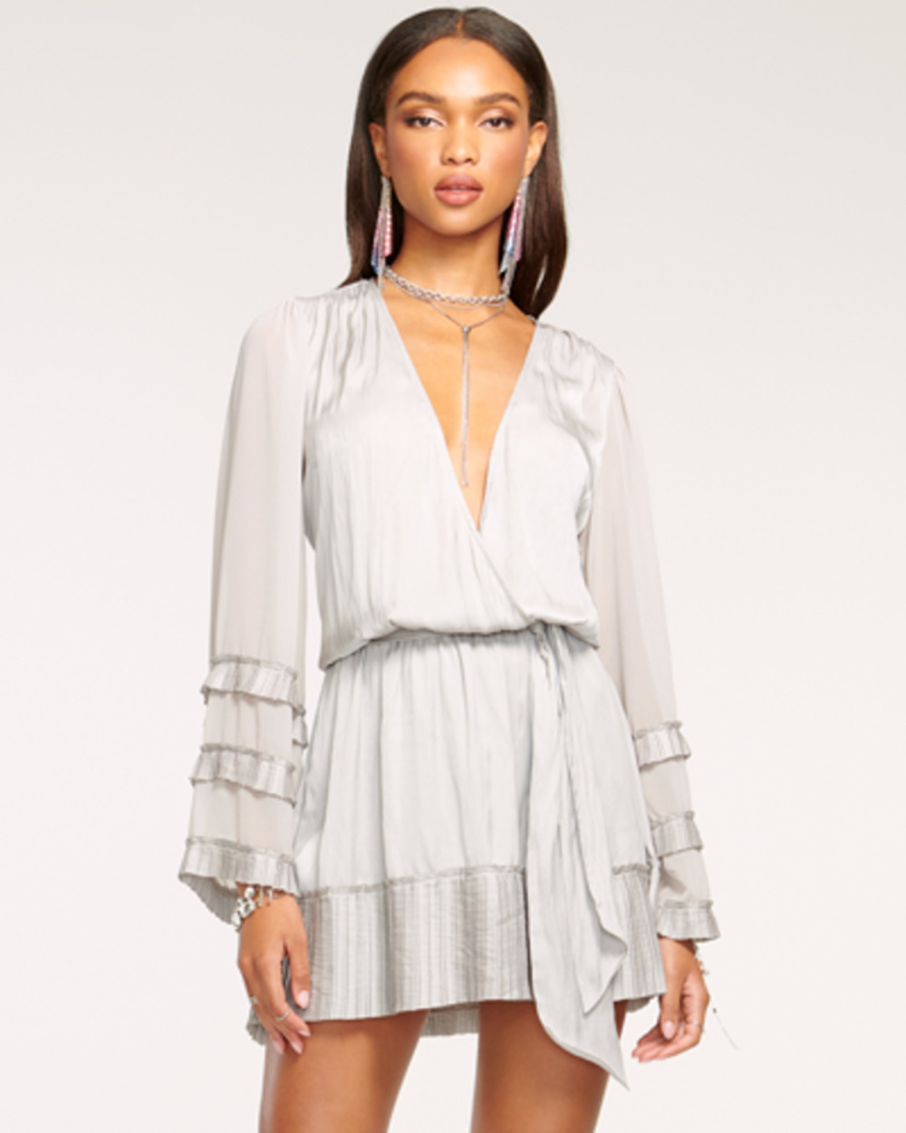 Ramy Brook Teri Tiered Mini Dress Crystal Grey Silky Soft Deep V Classy *READ*